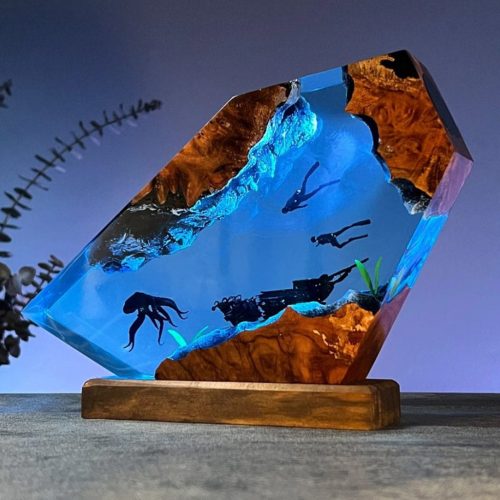 Broken Ship & Octopus Resin Lamp Purple Ambient Night Glow