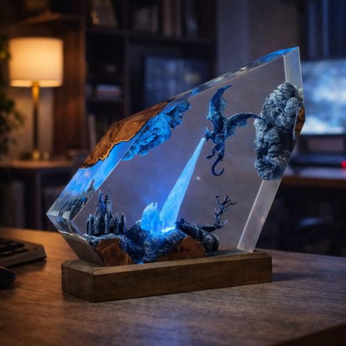 Ice Dragon Resin Lamps Crystal Shard Deep Blue Glow Desk Ambiance
