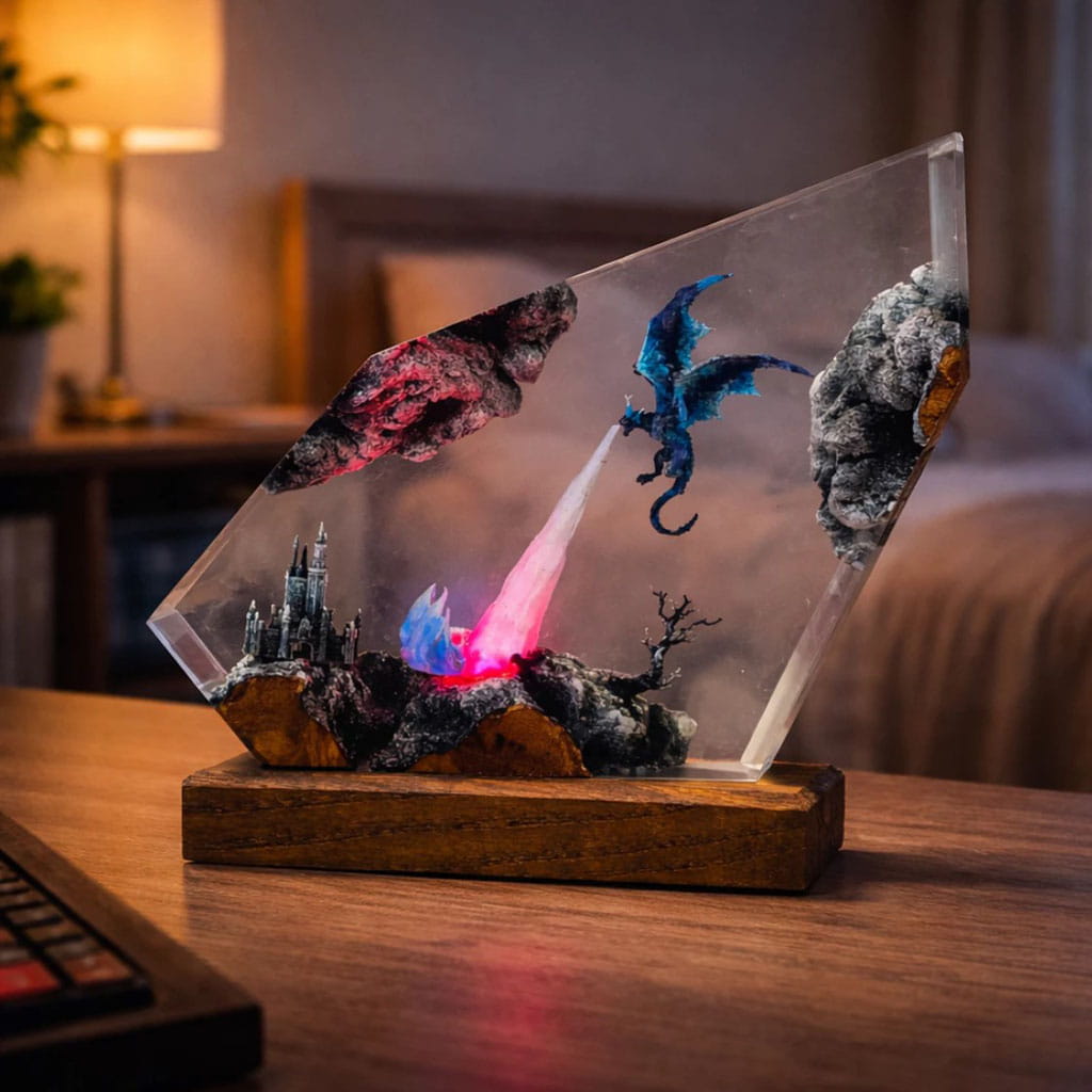 Ice Dragon Resin Lamps Crystal Shard Pink-Red Glow Desk Edition