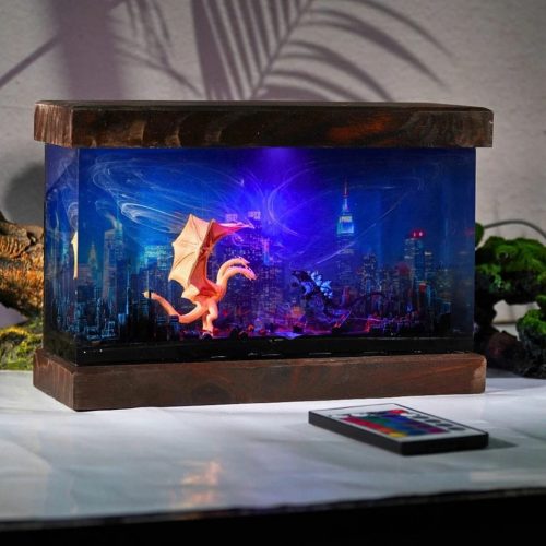 Monster Battle Resin Lamps Purple Glow Wooden Base with Remote