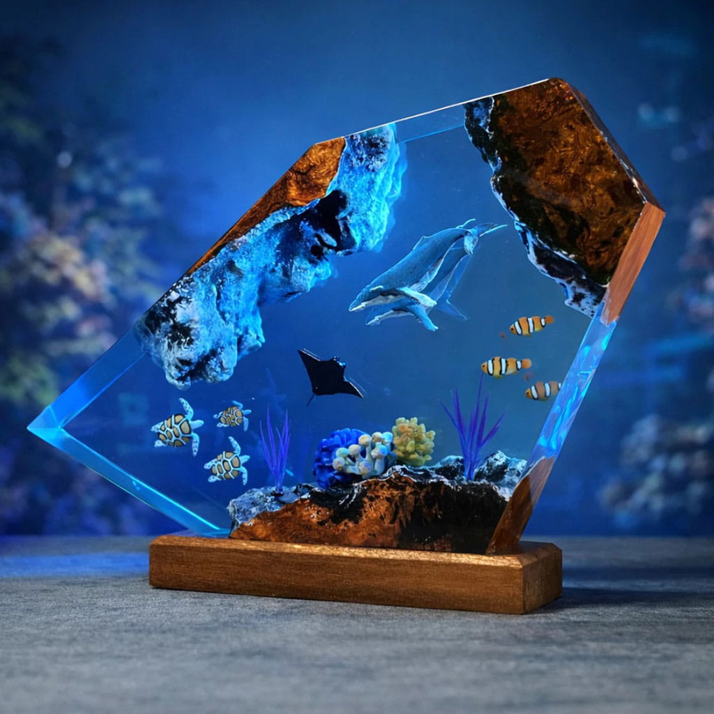 Ocean Life Epoxy Resin Lamp Blue Glow Coral Reef Detail