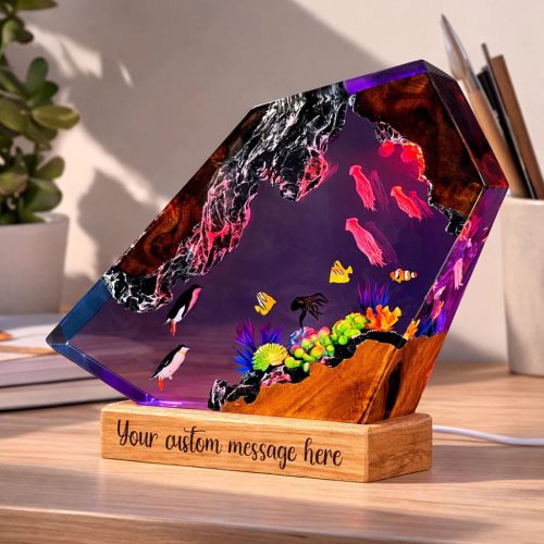 Penguin & Coral Resin Lamp Purple Ambient Glow Effect