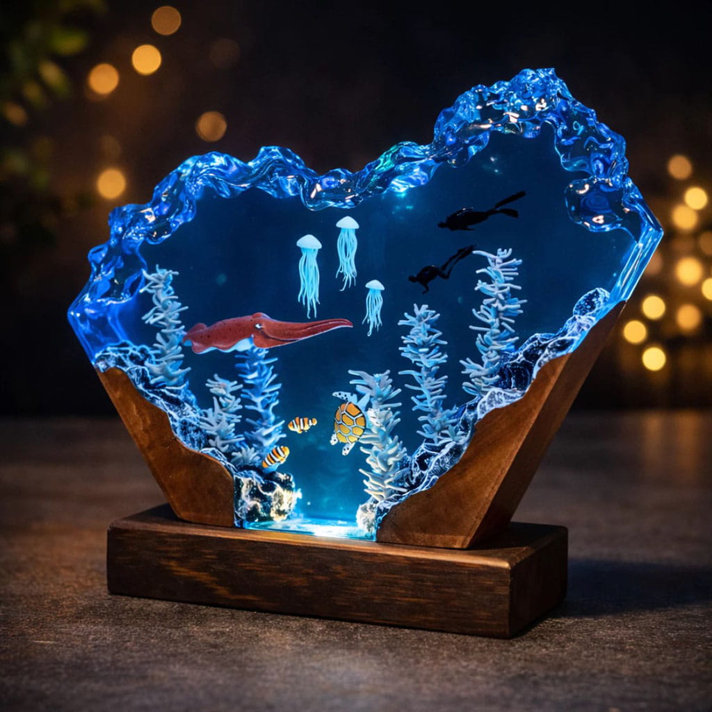 Red Squid Resin Lamp Blue Glow Night Light Decor