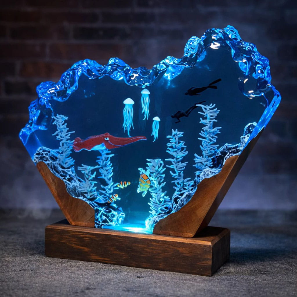 Red Squid Resin Lamp Coral Reef Close Up Detail
