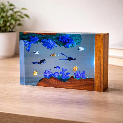 Scuba Diver Ocean Resin Lamp Wood Base Desk Decor