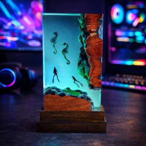 Seahorse & Diver Resin Lamp Gaming Room Night Glow