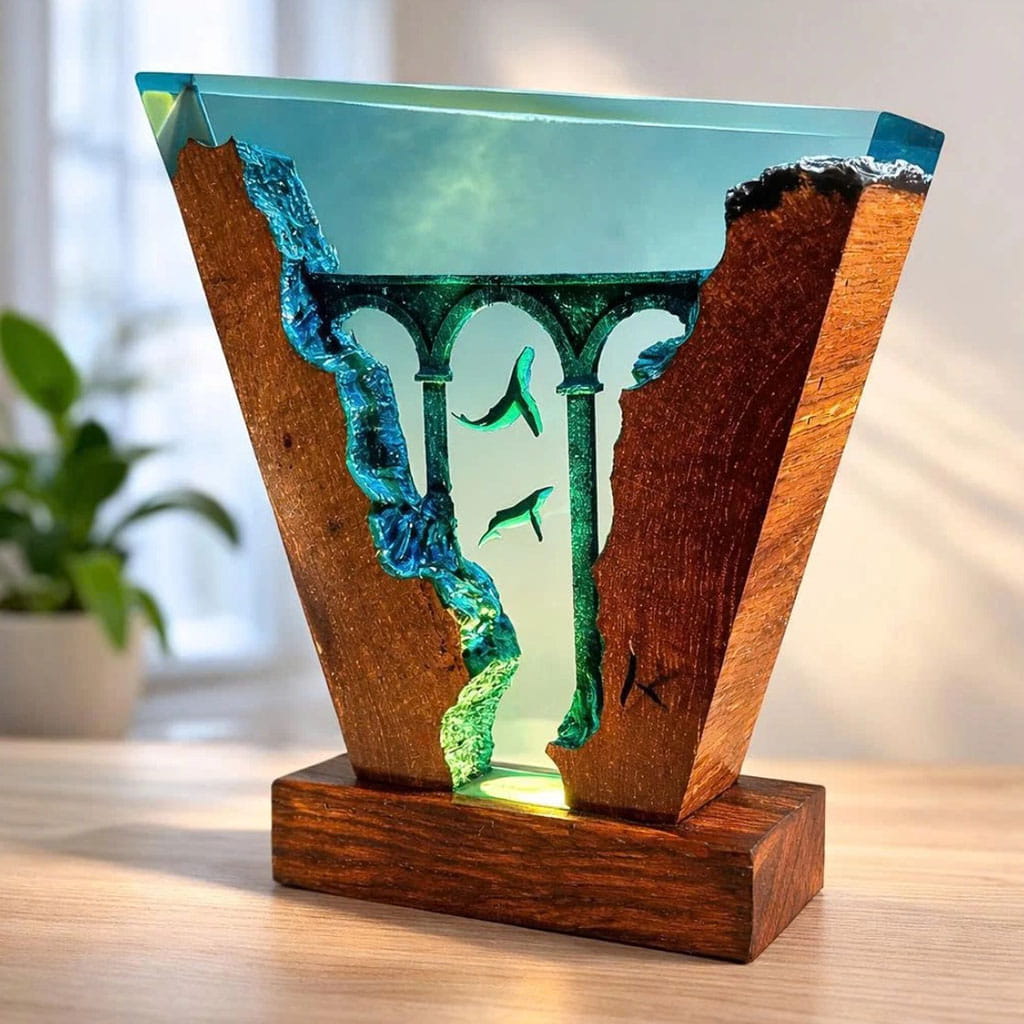 Shark & Stone Pillar Resin Lamp Cozy Home Plant Decor