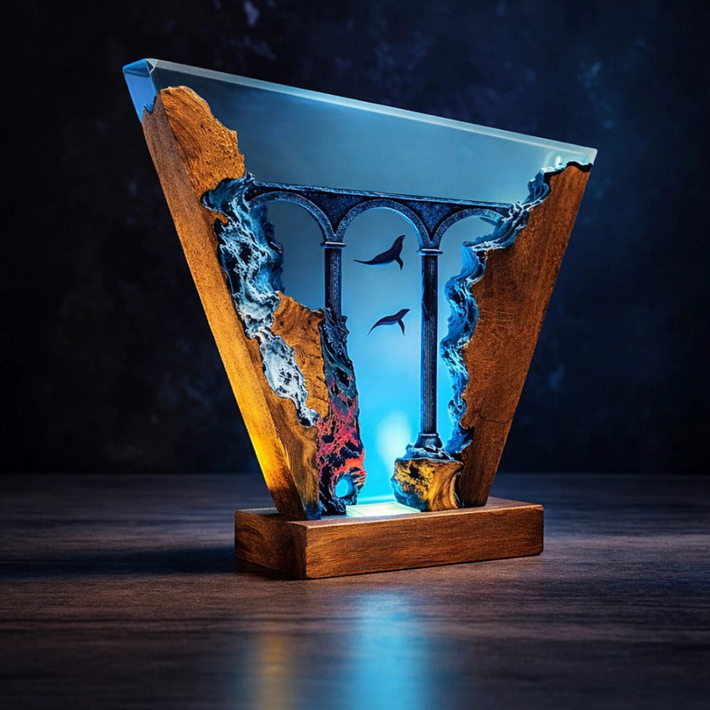 Shark & Stone Pillar Resin Lamp Warm Wood Table Decor