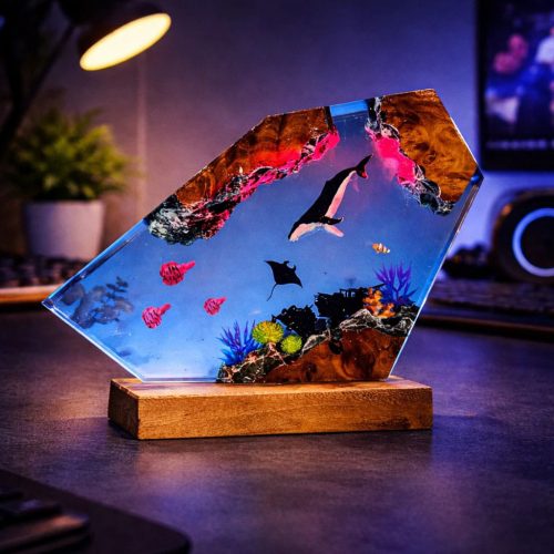 Whale Ocean Resin Lamp Crystal Shard Blue-Pink Glow Desk Ambiance