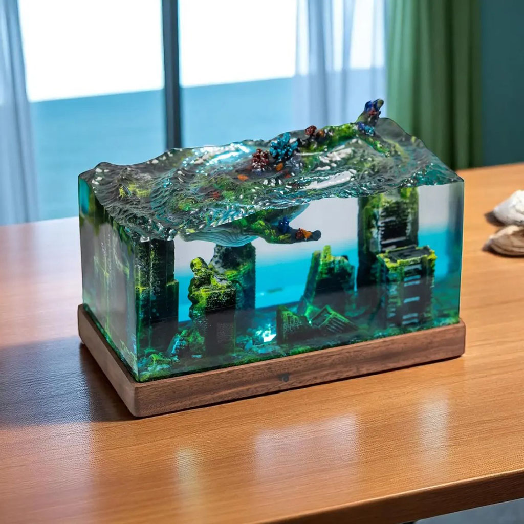 Atlantis Whale Lamp on Wooden Desk