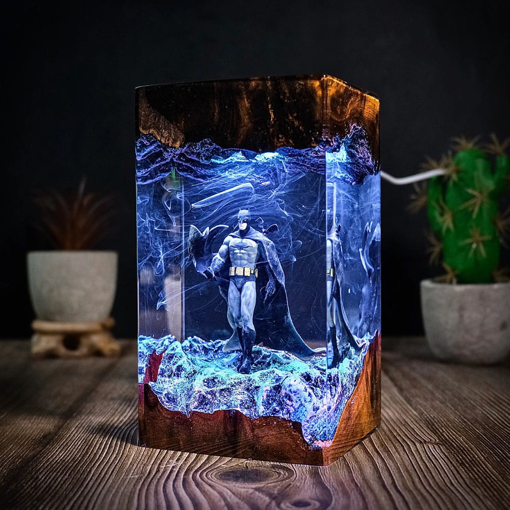 Batman Resin Lamp Wooden Desk Blue Glow Decor