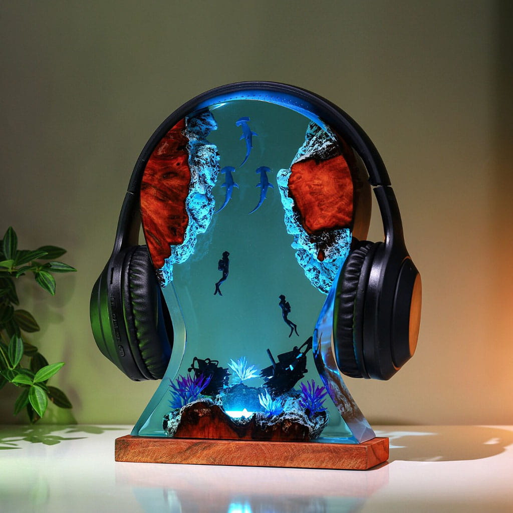 Blue Glow Resin Lamp Scuba Diver Shark