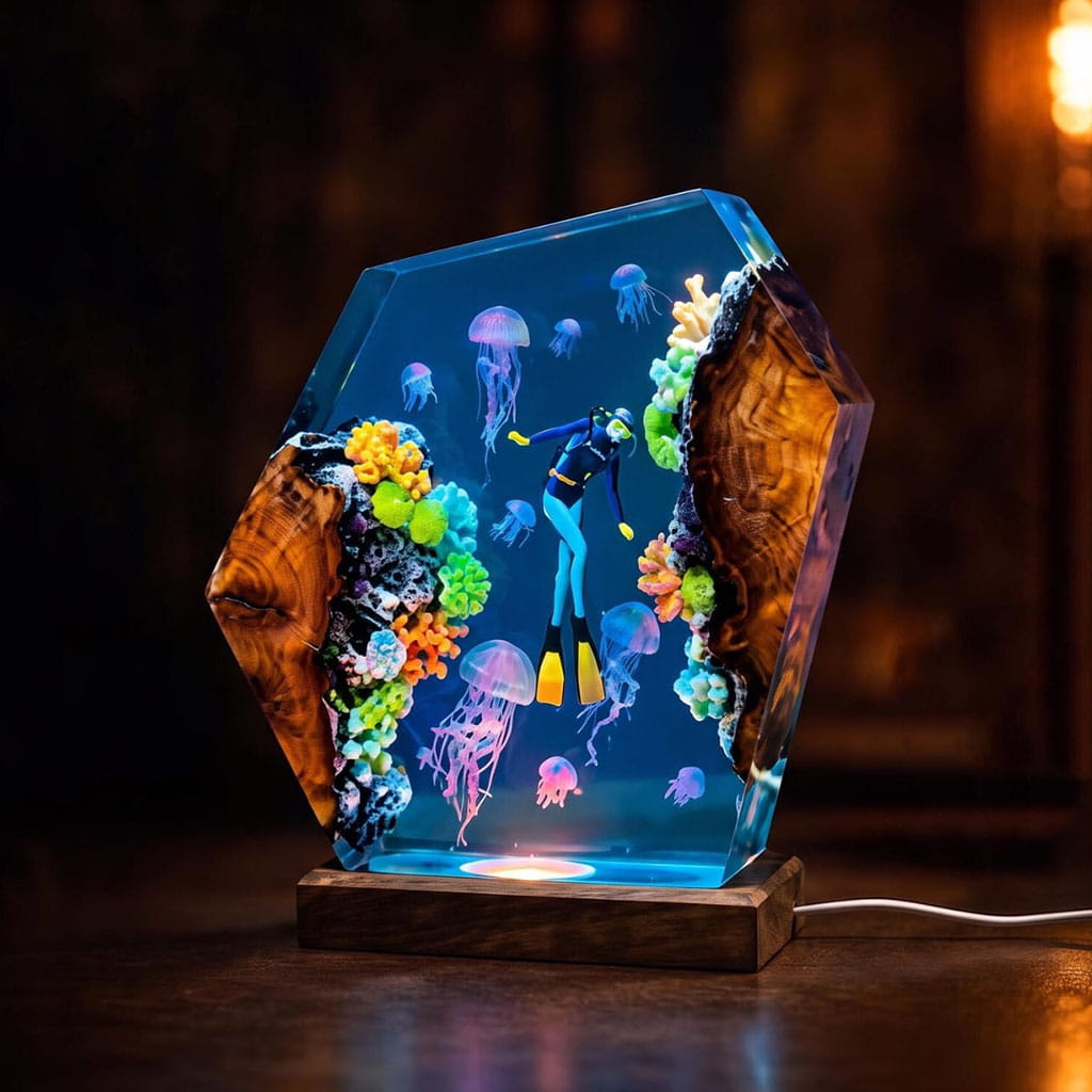 Diver Jellyfish Resin Lamp Night Glow