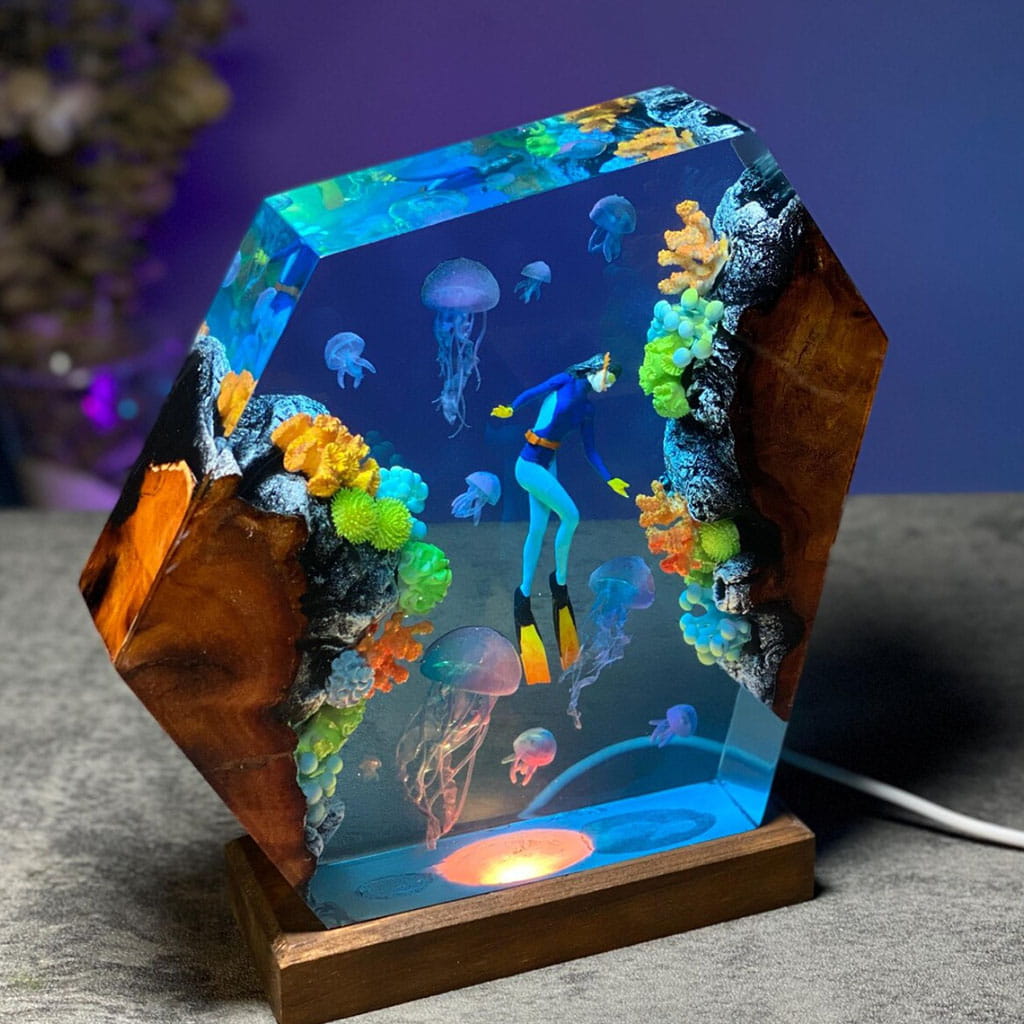 Diver Jellyfish Resin Lamp Wood Base