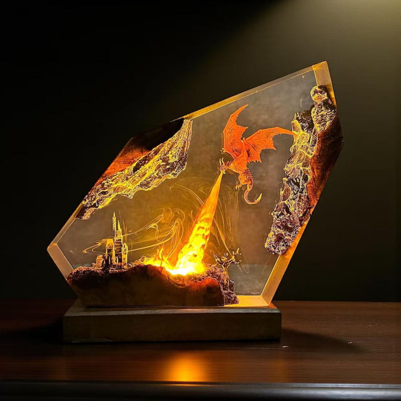 Dragon Fire Epoxy Resin Lamp Ver2 Handmade Night Light on Wooden Desk
