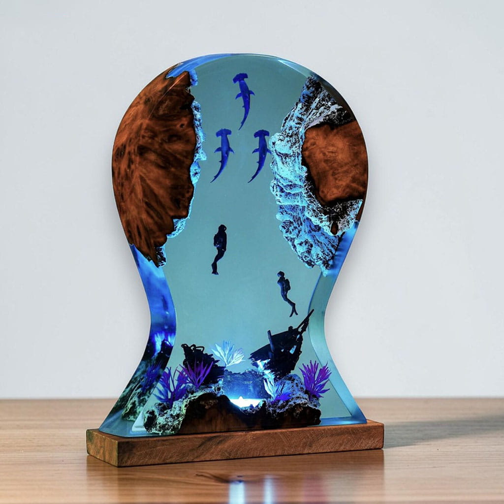 Epoxy Resin Ocean Lamp Scuba Diver Shark