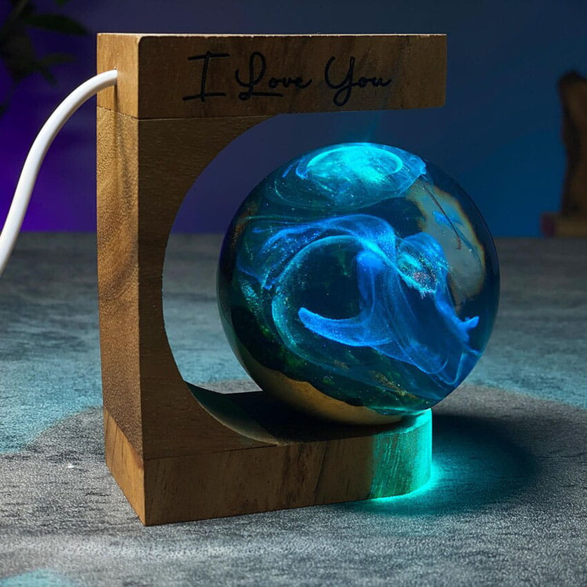 Galaxy Sphere Lamp Teal Glow Wood Stand