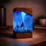 Godzilla Resin City Lamp Blue Glow Wooden Base Decor