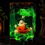 Halloween Pumpkin Lamp Green Glow Ghost Resin Decor
