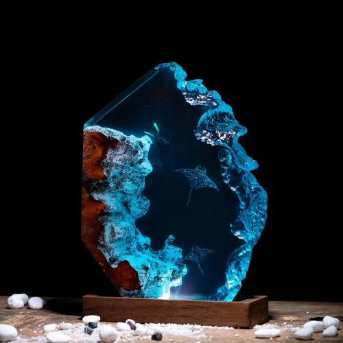 Manta Ray Resin Lamp Glowing at Night