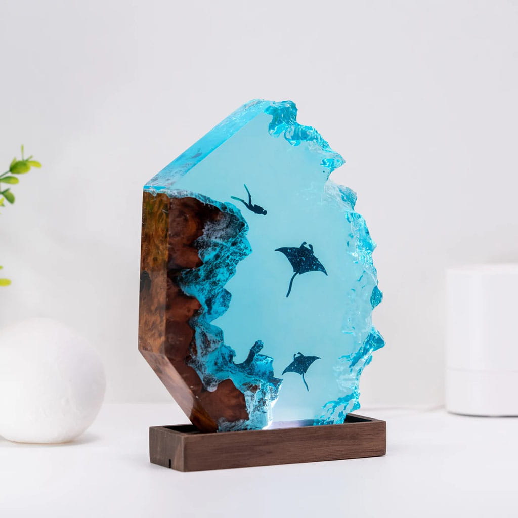 Ocean Wave Diver Resin Lamp Wood Base