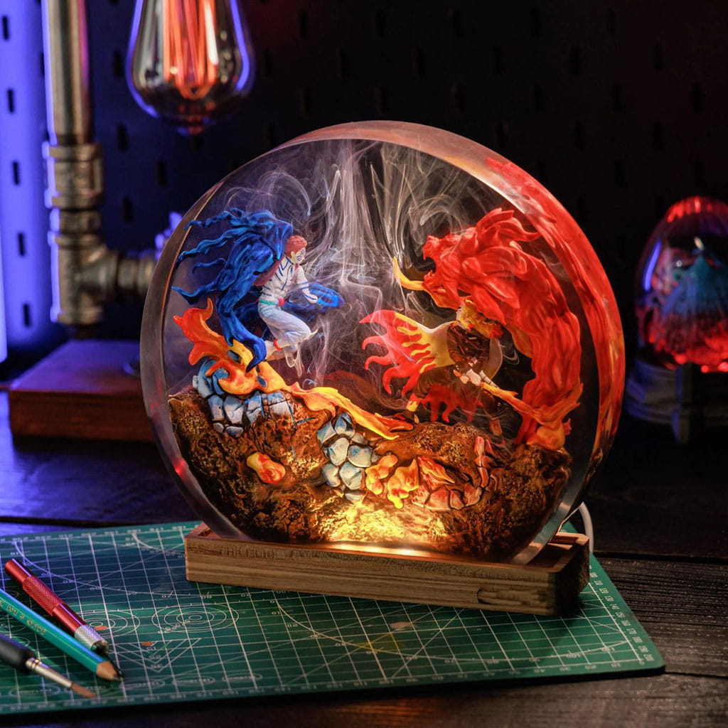 One Piece Night Light Resin Epoxy Akaza vs Rengoku Round Lamp