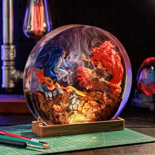 One Piece Night Light Resin Epoxy Akaza vs Rengoku Wooden Base