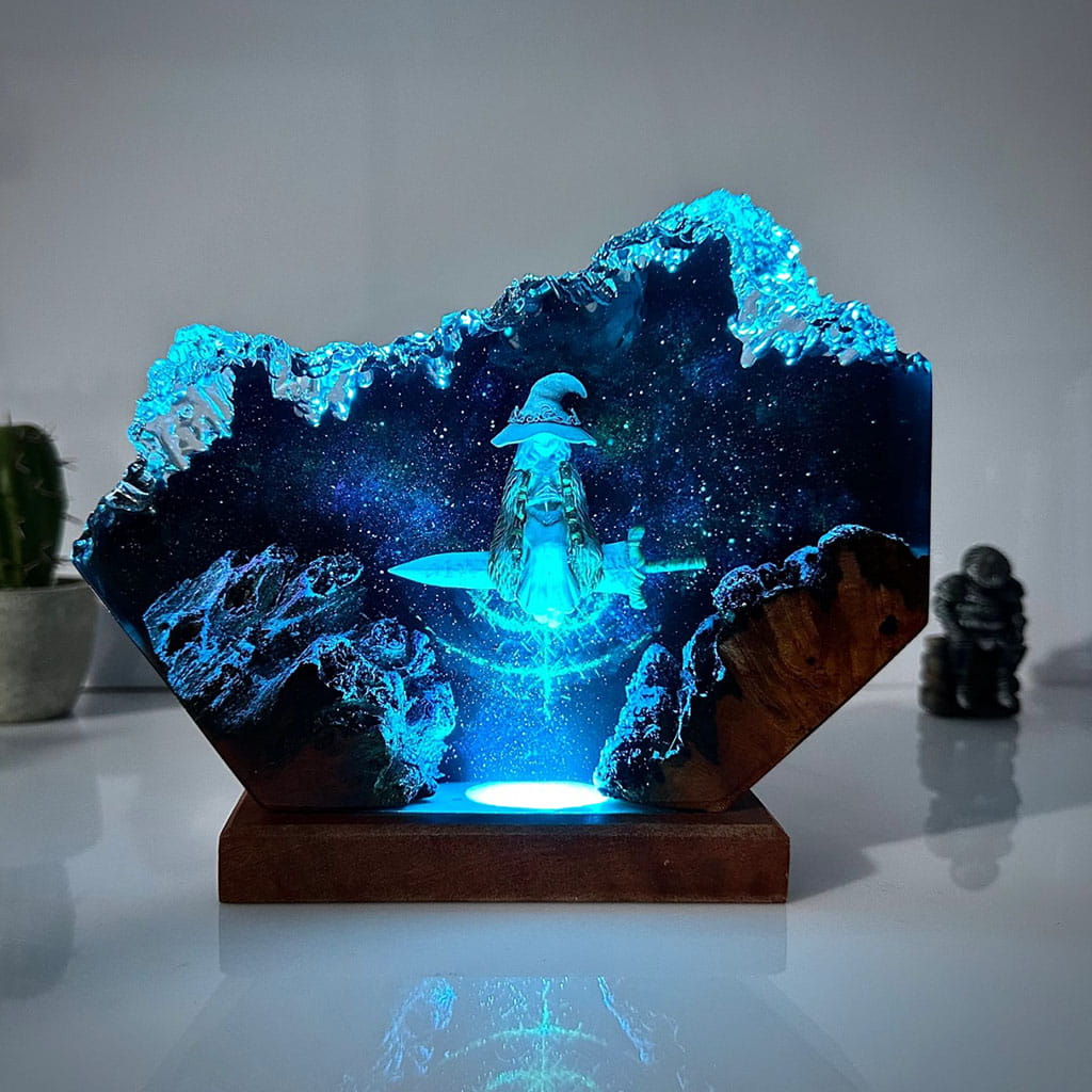 Ranni Resin Lamp Elden Ring Handmade Epoxy Night Light Cyan Glow