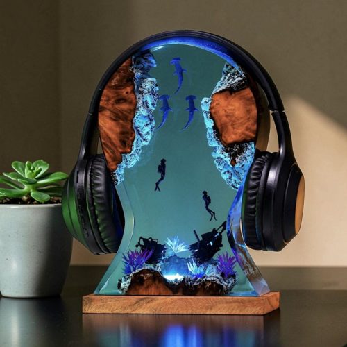 Resin Night Light Scuba Diver Shark Headphone Stand