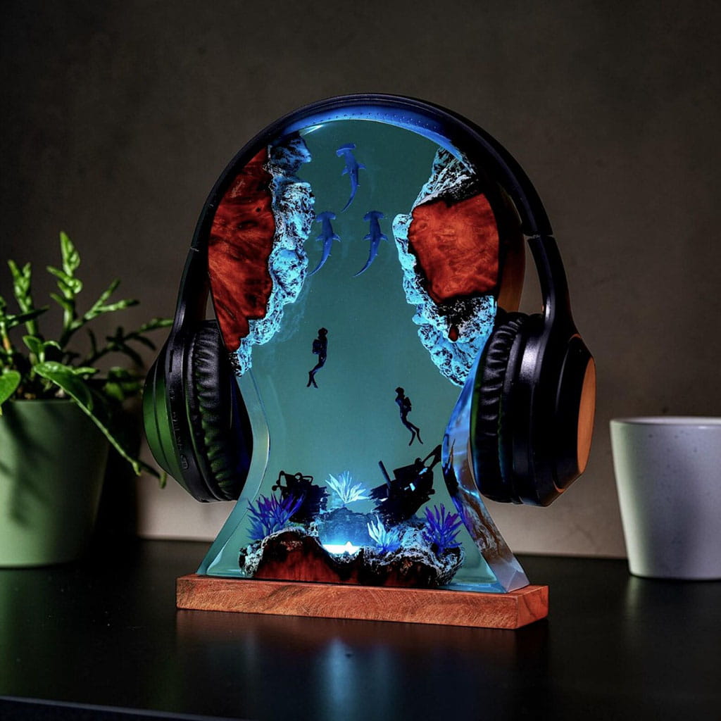 Scuba Diver vs Shark Resin Night Light Headphone Stand