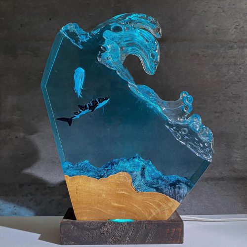 Shark Ocean Wave Resin Lamp Wood Base