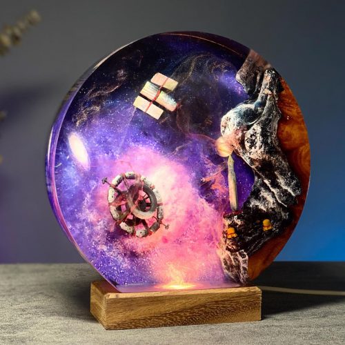 Space Station Galaxy Resin Lamp Wood Base