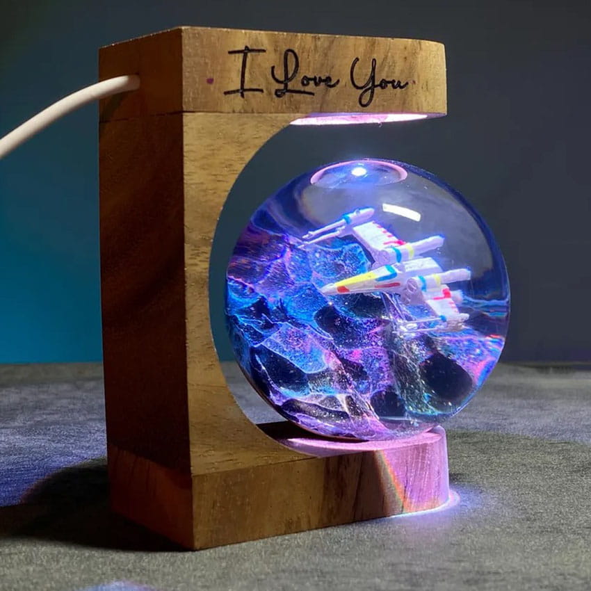 Spaceship Globe Resin Lamp Wood Base