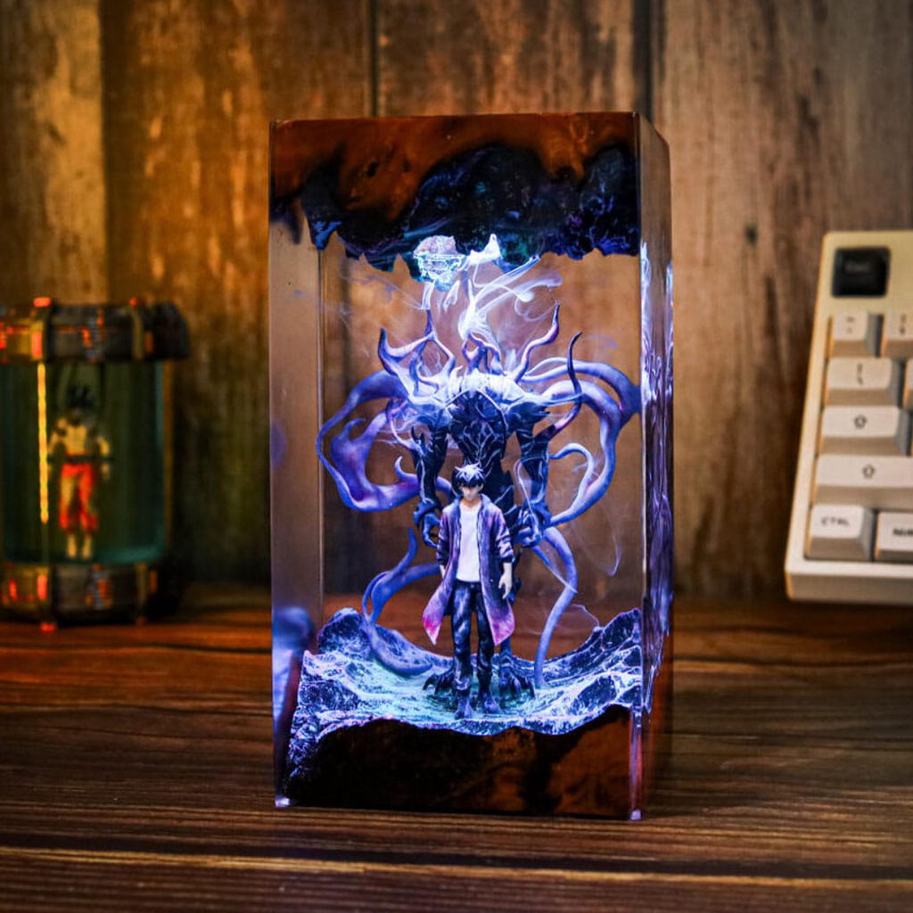 Sung Jinwoo Resin Lamp Shadow Monarch Solo Leveling Handmade Epoxy Night Light Blue Glow