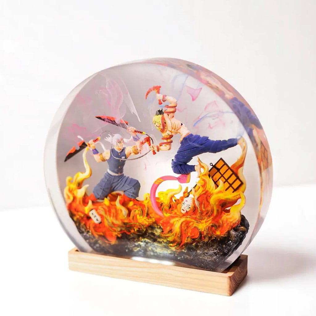 Tengen vs Gyutaro Resin Lamp Demon Slayer Handmade Epoxy Night Light Wooden Base